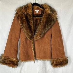 CACHE Y2K Vintage brown faux suede Teddy Jacket Faux Fur Trim Sz S Made in Korea